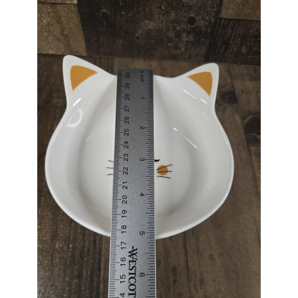White Ceramic Cat Face Bowl Brown Ears Pet Food Dish Trinket Tray 5.5 Inch